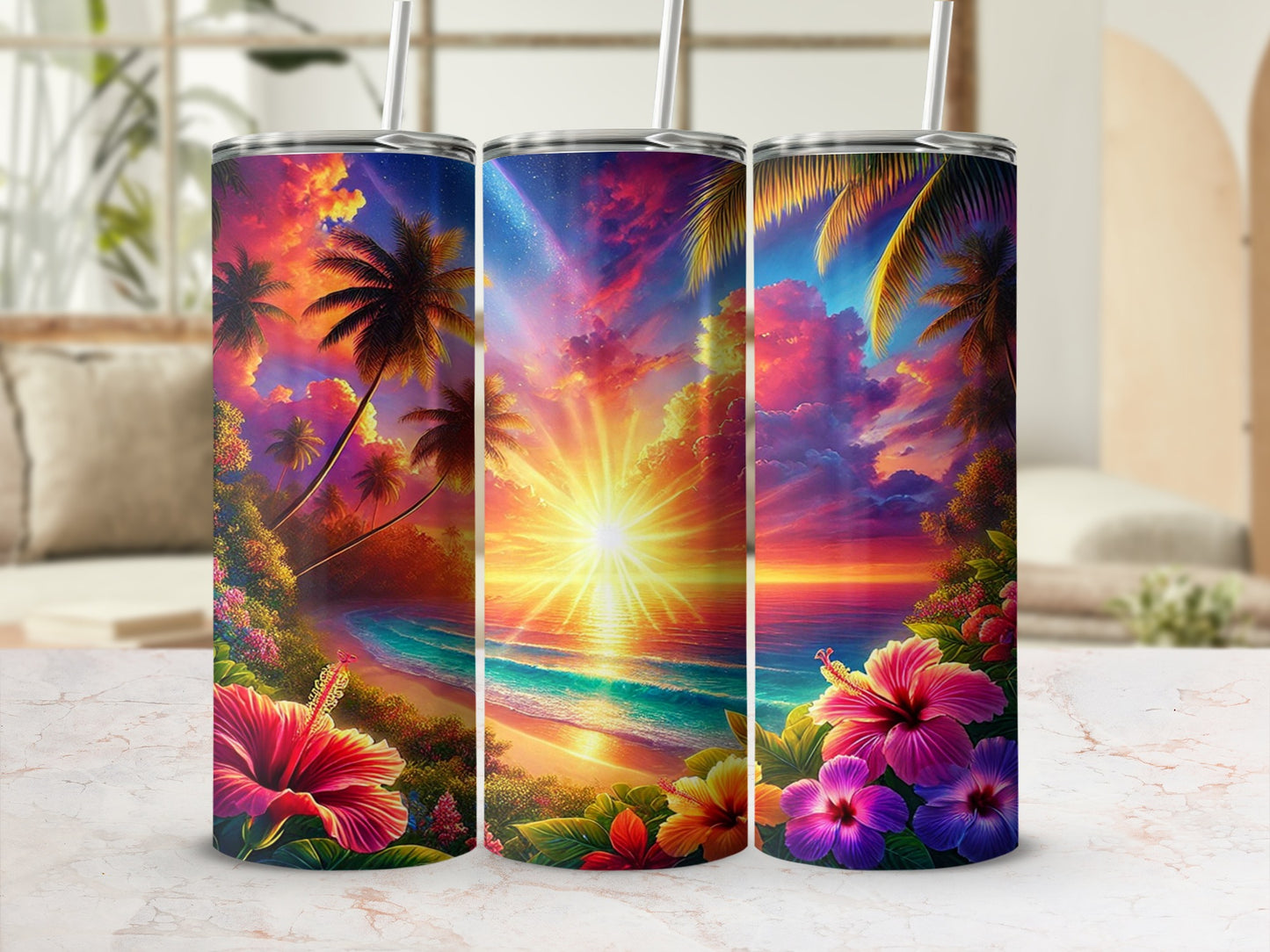 Tropical Sunset Floral Design Tumbler Stunning Colors