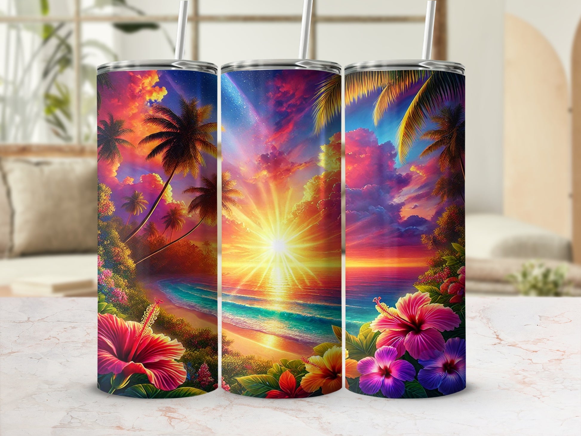 Tropical Sunset Floral Design Tumbler Stunning Colors