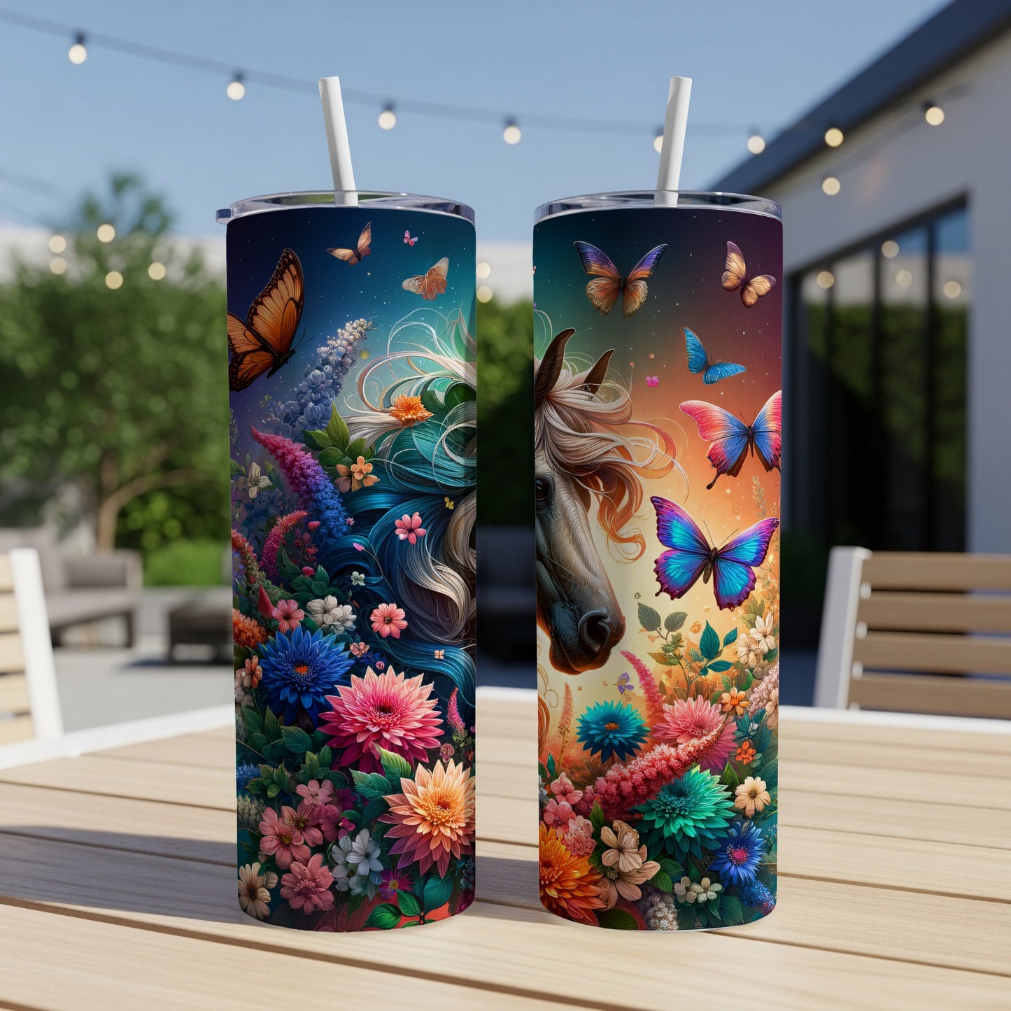 Horse with colorful flowers and butterflies on a tumbler.