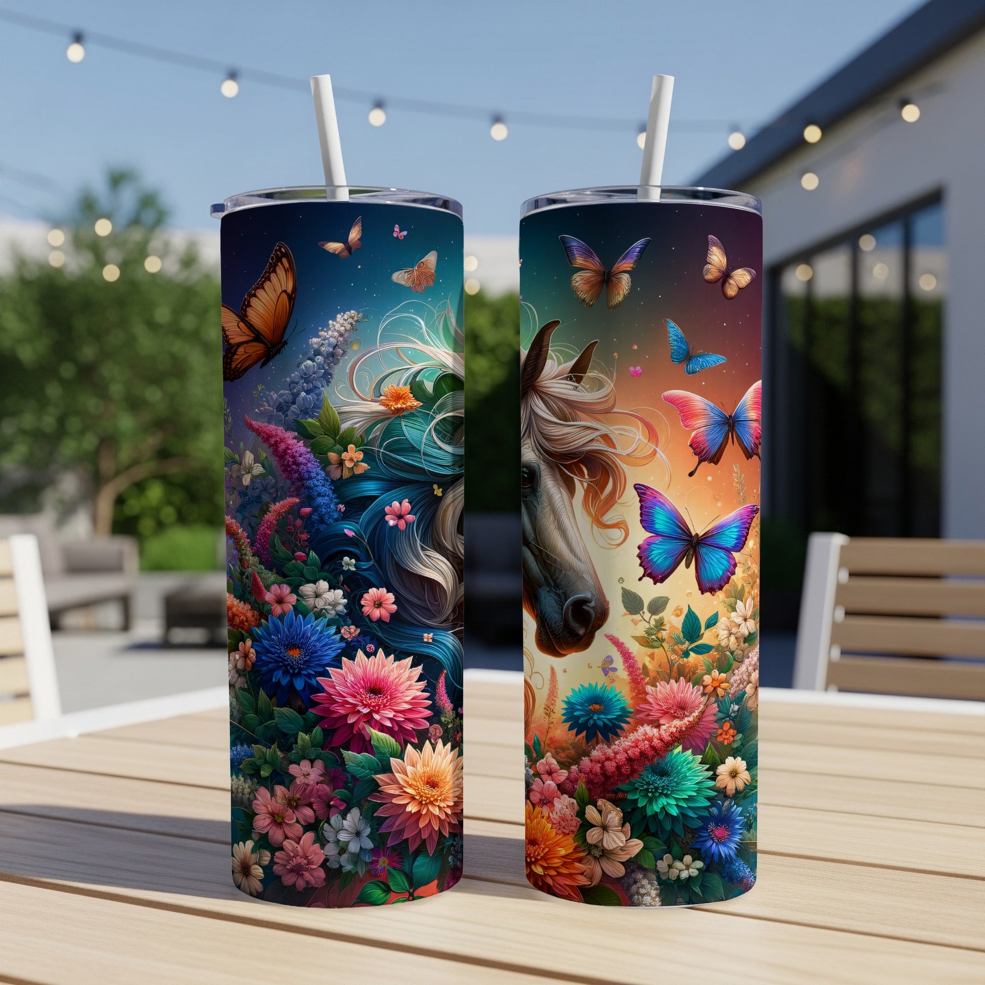 Horse with colorful flowers and butterflies on a tumbler.