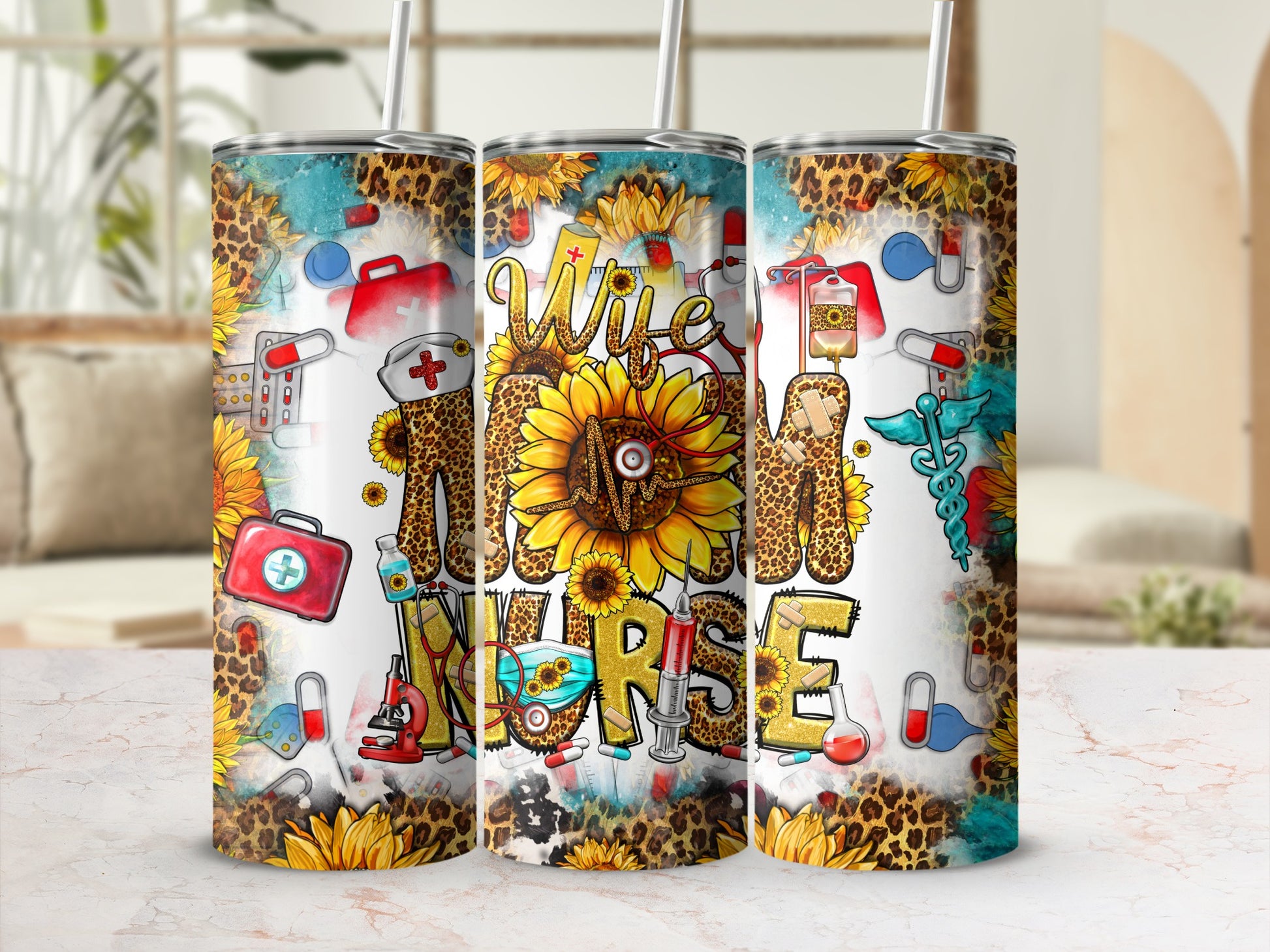 Sunflower nurse tumbler with medical icons and leopard print.