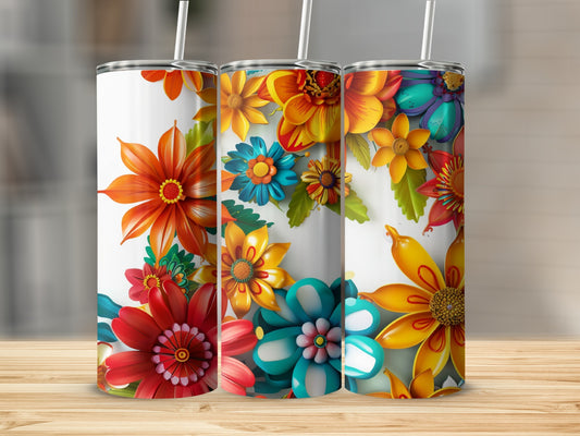 Three tumblers with vibrant floral patterns in red, orange, yellow, and teal.