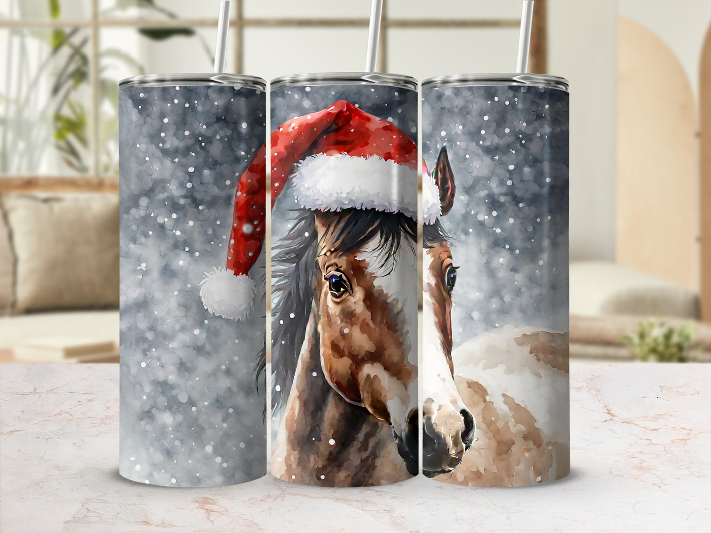 Horse wearing Santa hat with snowflakes.
