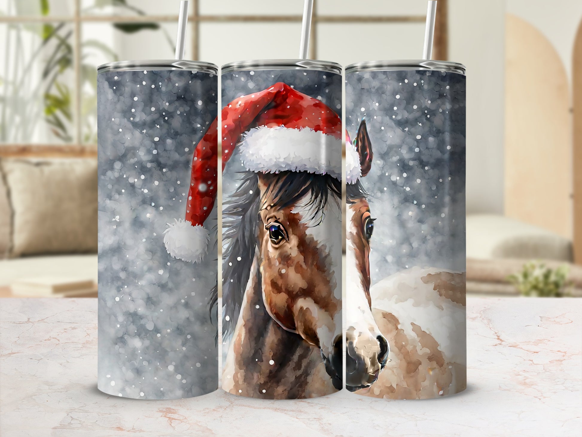 Horse wearing Santa hat with snowflakes.