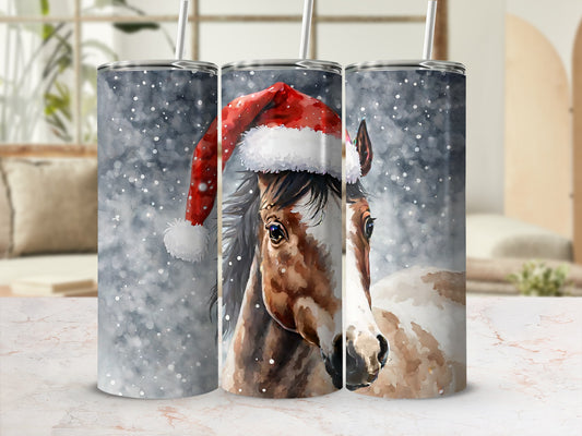 Horse wearing Santa hat with snowflakes.