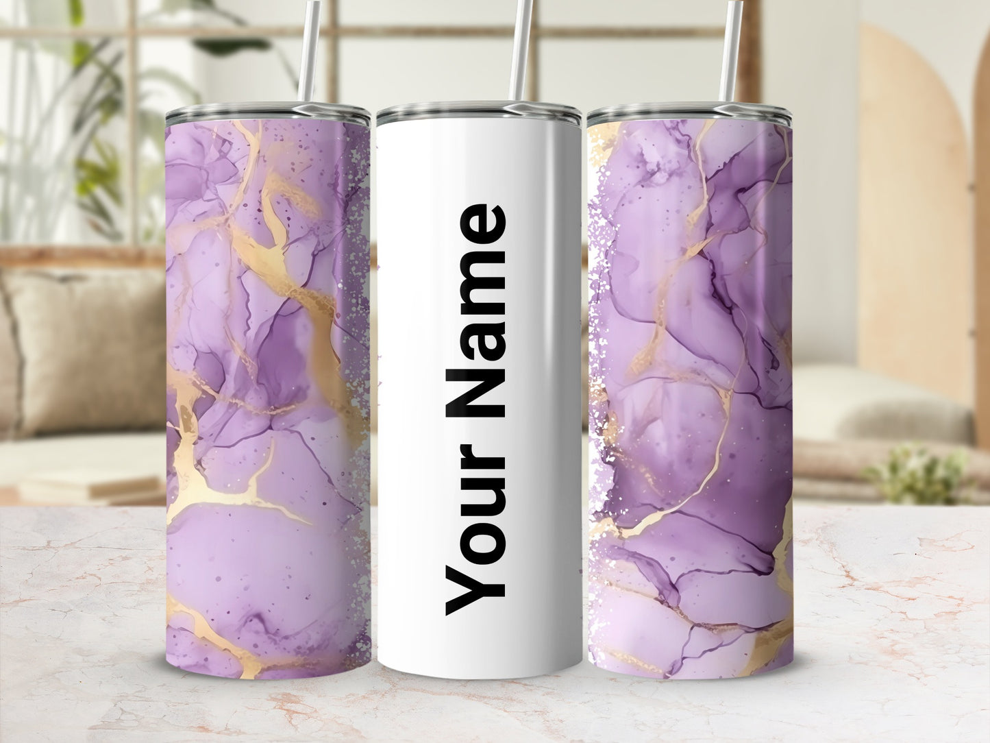 Custom Name Purple and Gold Marble Design Tumbler