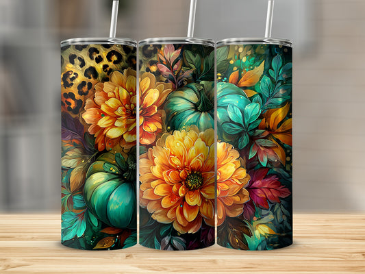 Vibrant Fall Floral and Leopard Print Tumbler