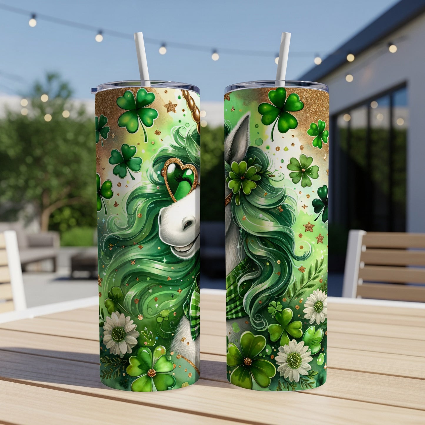 Green unicorn with shamrocks and gold glitter on St. Patrick's Day tumbler.