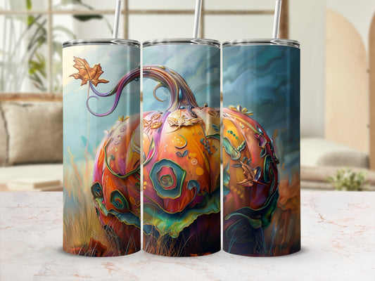 Three tumblers with a vibrant, decorative pumpkin design.