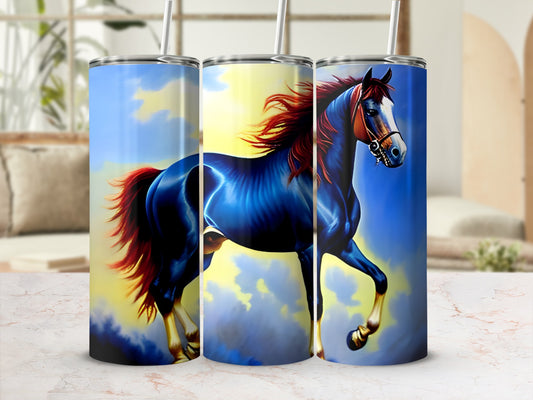 Blue horse with flowing red mane against a cloudy sky.