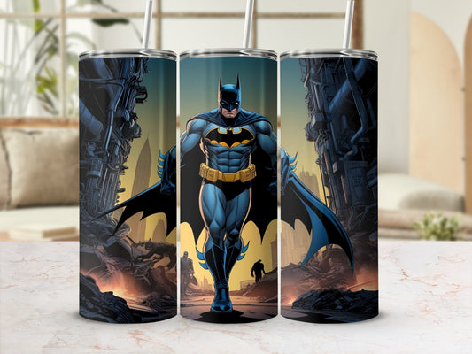 Batman walking forward in a city landscape on a stainless steel tumbler.