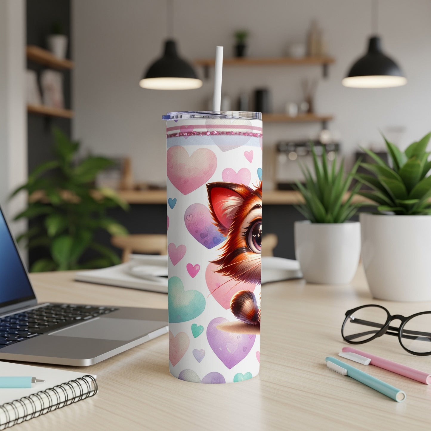 A kitten peeks over a skinny tumbler with pastel hearts and a straw.
