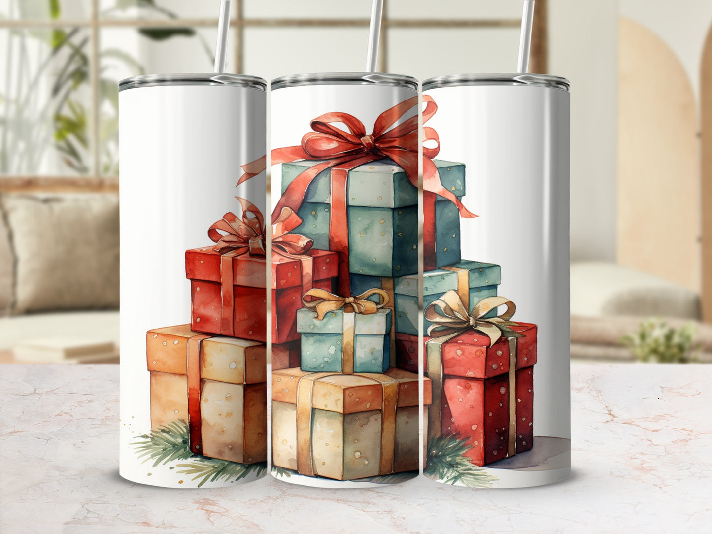 Stacked watercolor gift boxes with red and blue ribbons on a table.