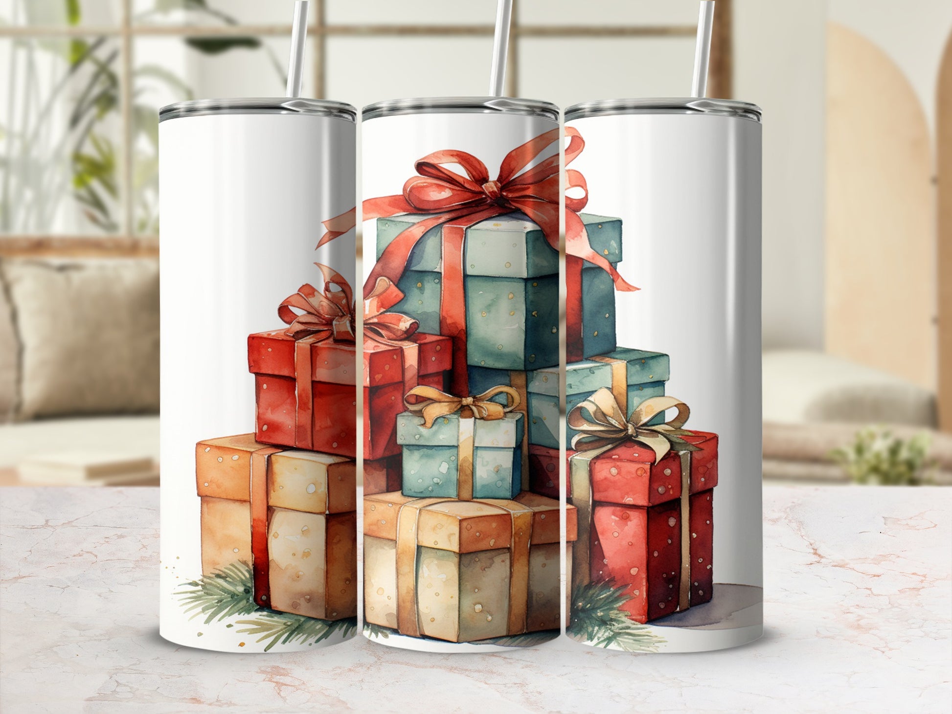 Stacked watercolor gift boxes with red and blue ribbons on a table.