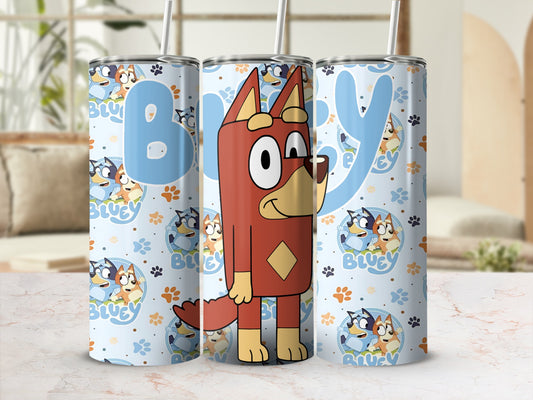 Bluey tumbler with cartoon dog characters and paw prints.