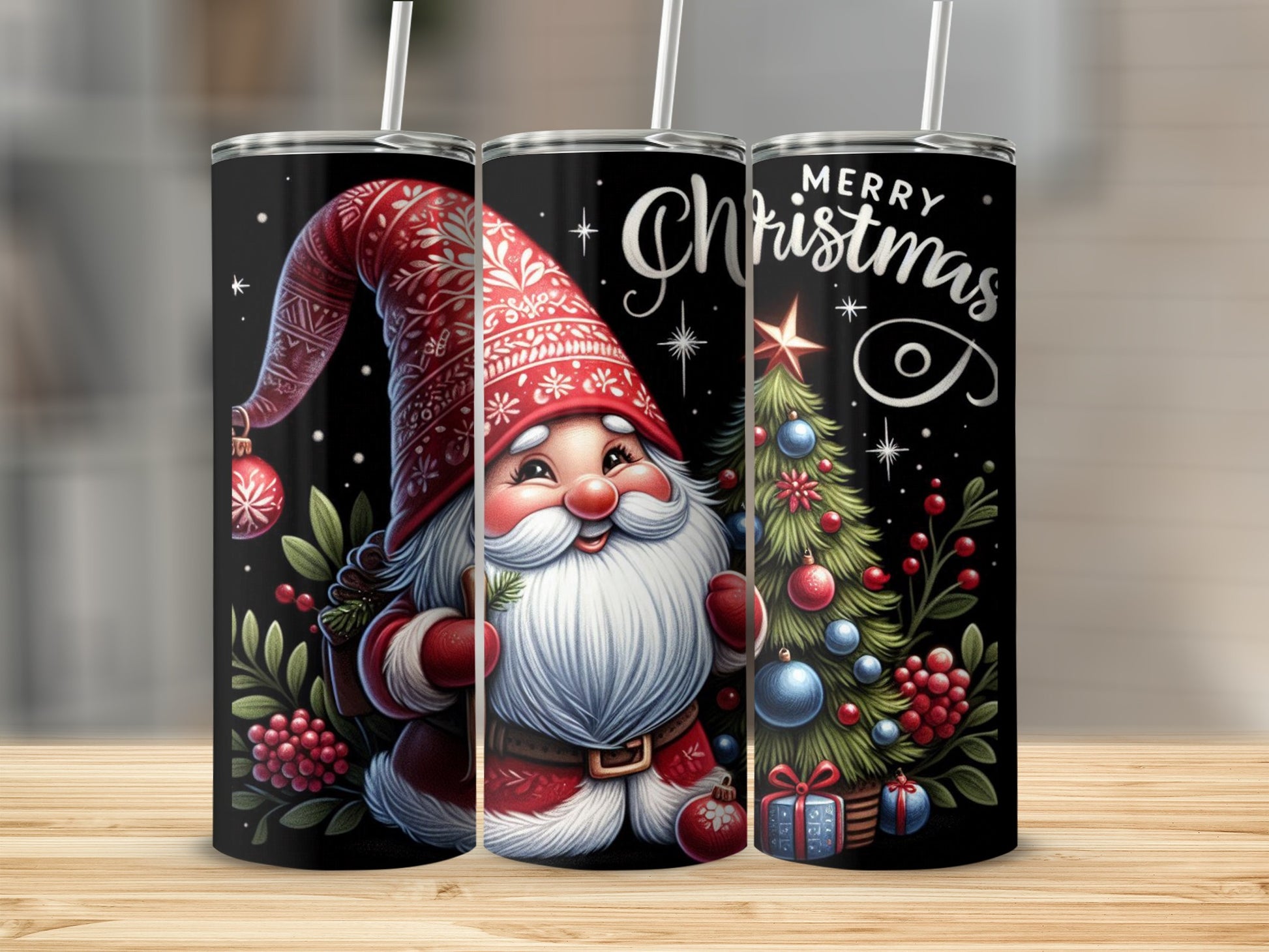 Christmas gnome with tree and gifts, Merry Christmas text.