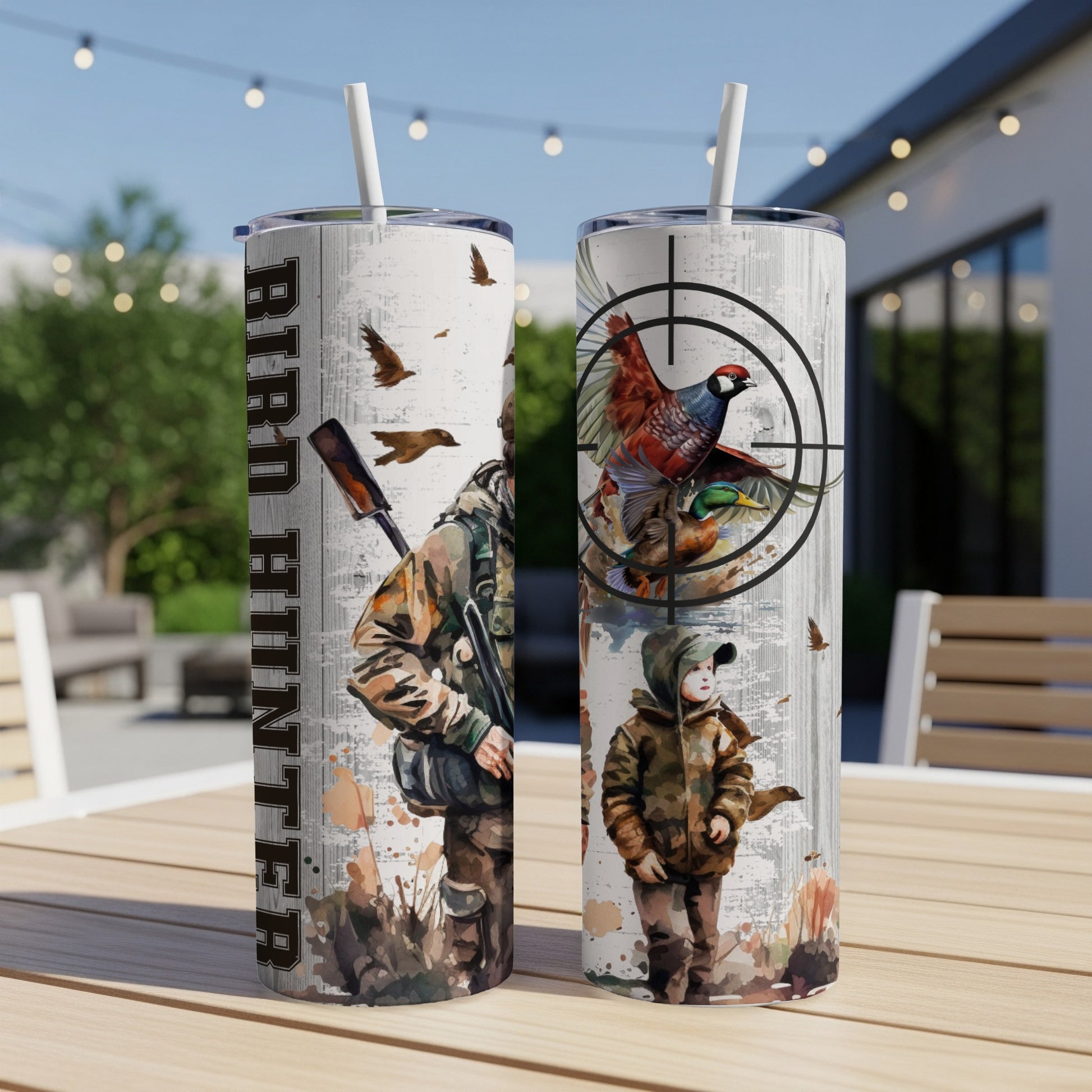 Two tumblers with bird hunter and target designs, outdoors setting.