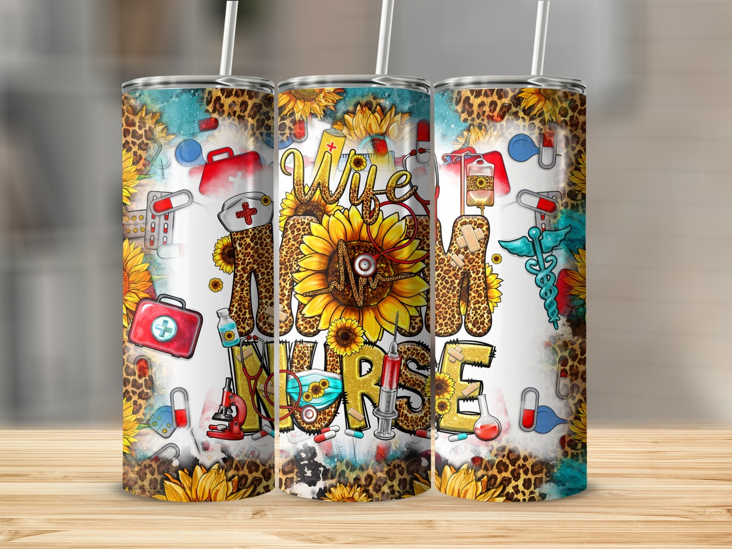 Sunflower and leopard print nurse tumbler with medical icons.