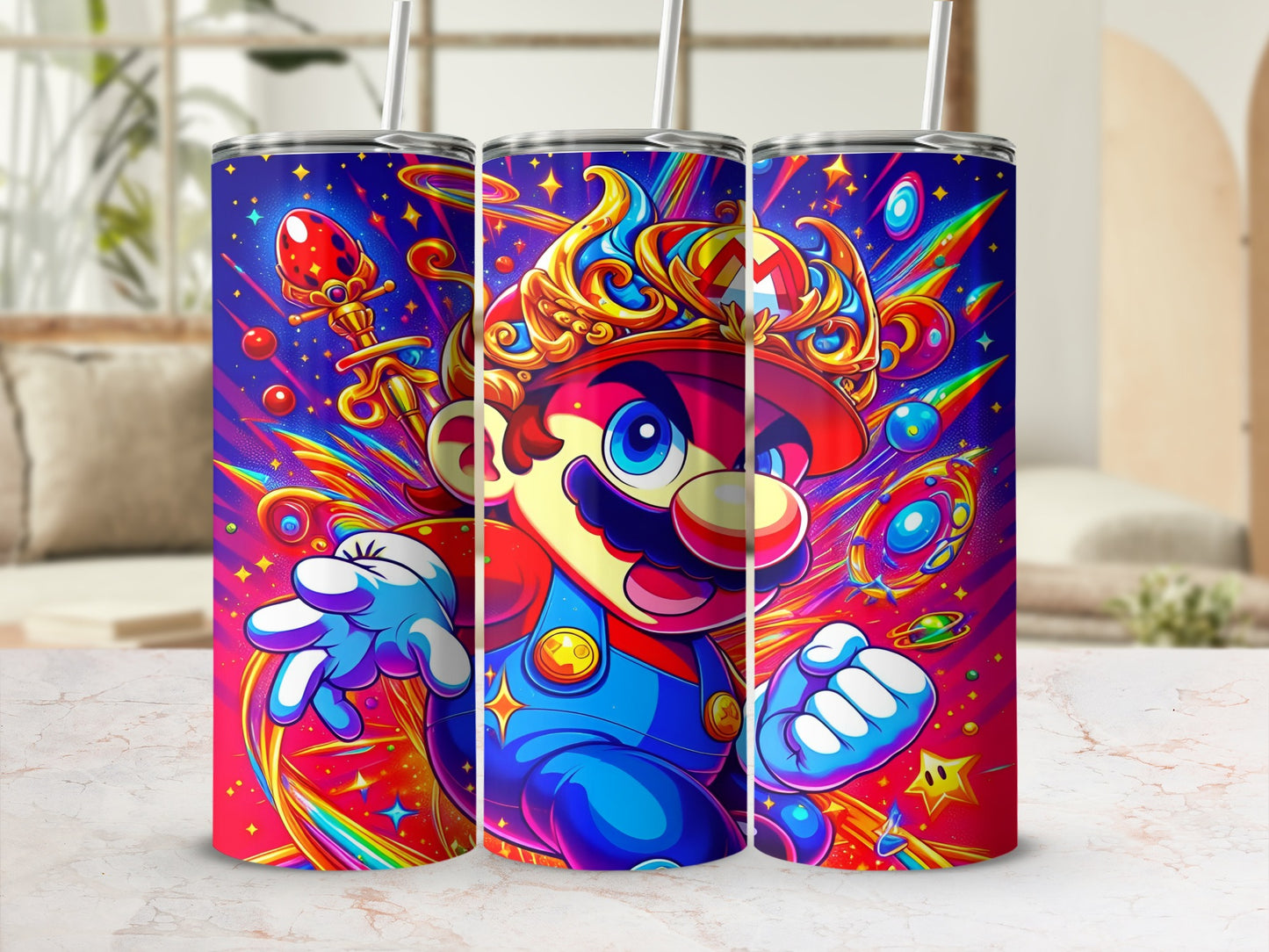 Super Mario character with colorful, starry background on a stainless steel tumbler.