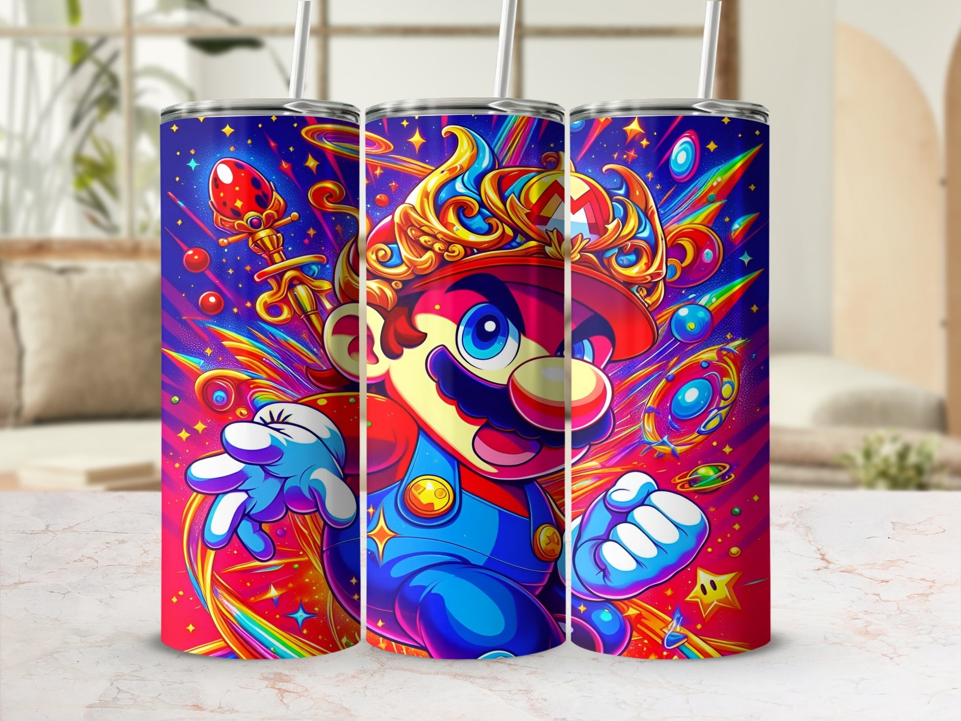 Super Mario character with colorful, starry background on a stainless steel tumbler.
