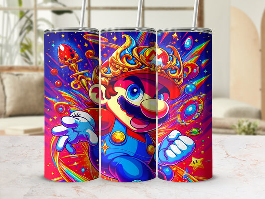 Super Mario character with colorful, starry background on a stainless steel tumbler.