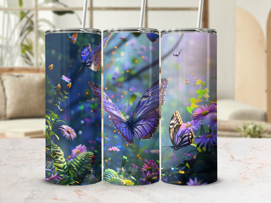 Three tumblers with purple butterflies and flowers in a whimsical forest.