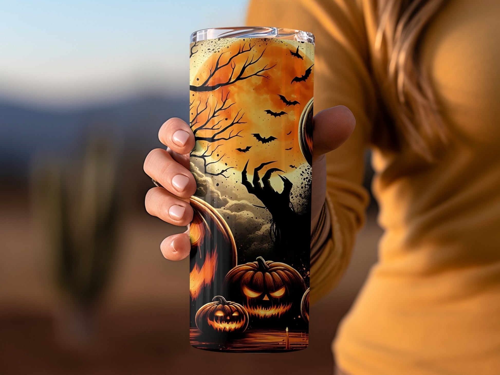 Halloween Themed Tumbler with Spooky Tree and Bats