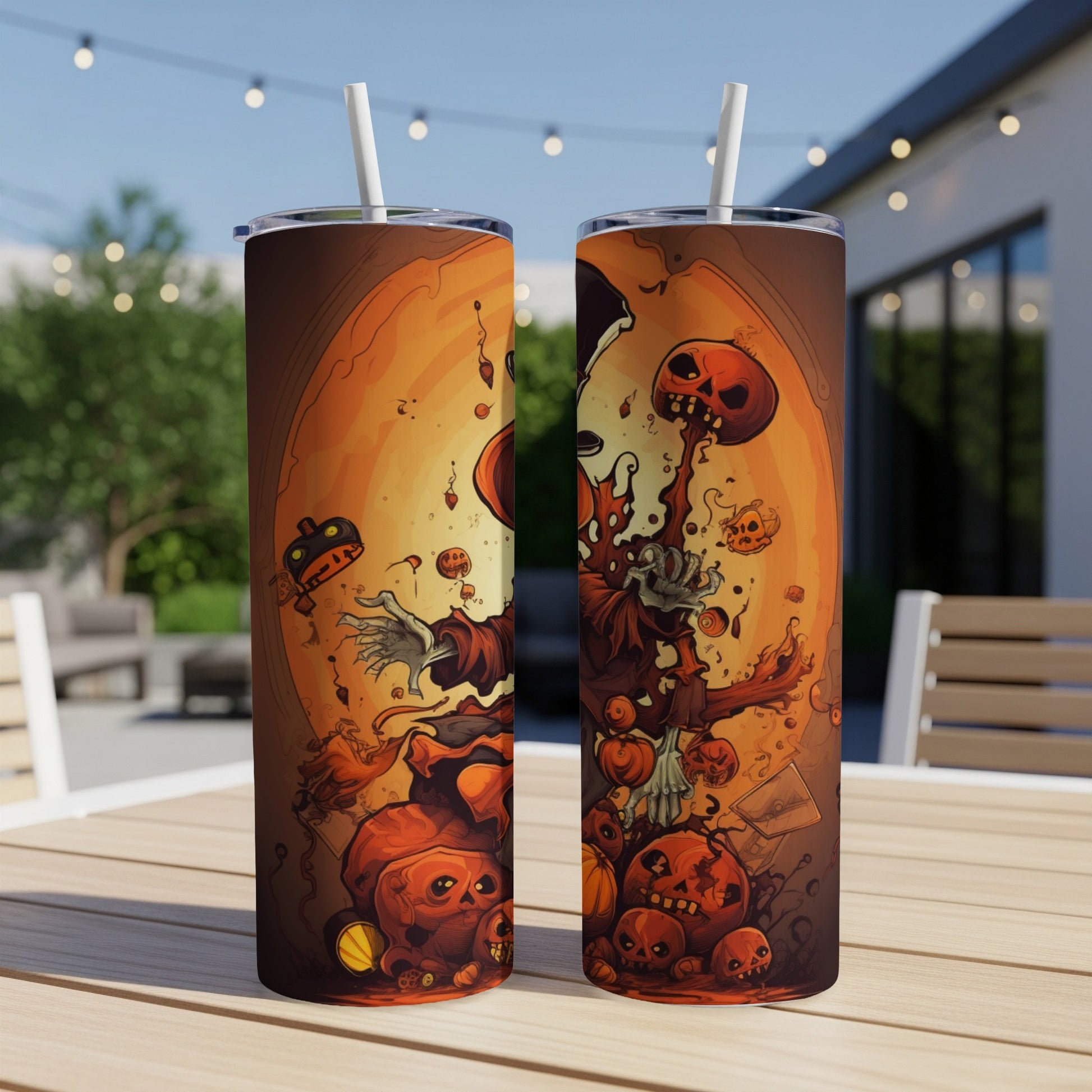 Two Halloween-themed tumblers with a spooky scarecrow and jack-o'-lantern design.