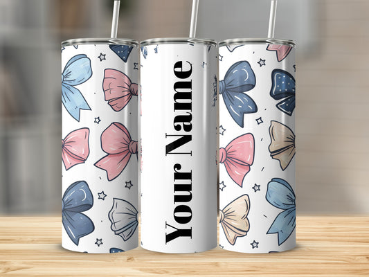 Customizable Tumbler with Bow Patterns and Personal Name