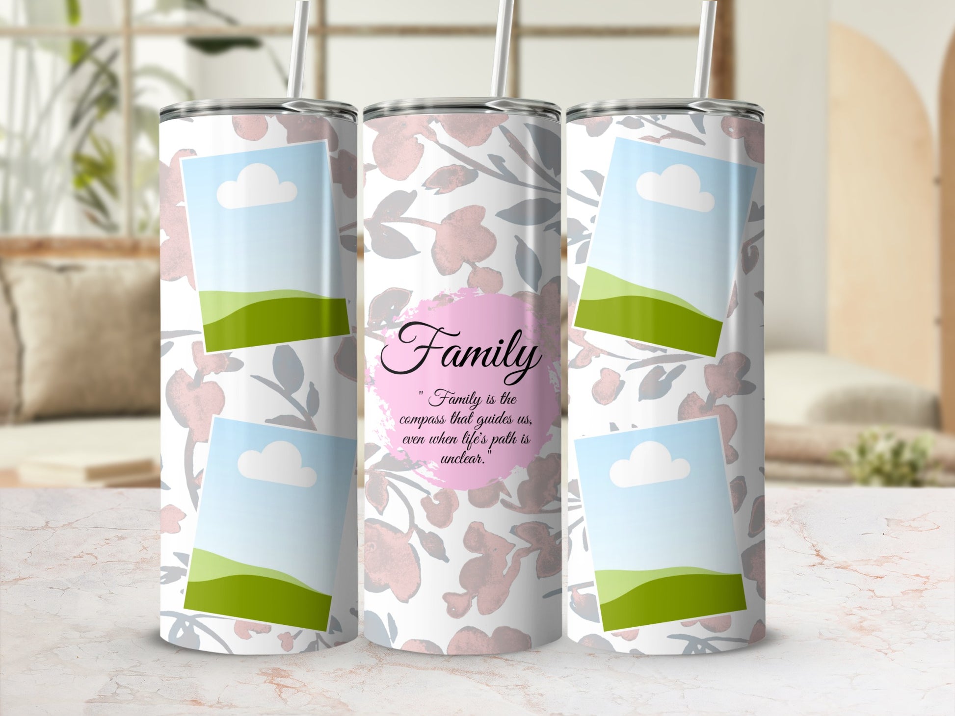 Floral tumbler with quote "Family is the compass that guides us, even when life's path is unclear."