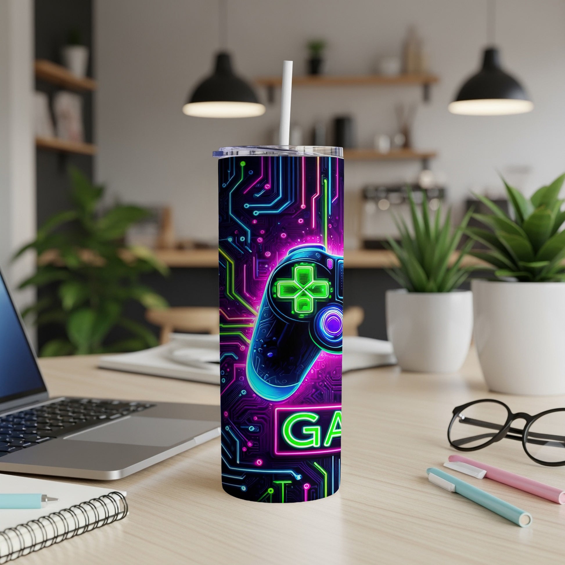 Gamer tumbler with neon circuit board pattern and controller.