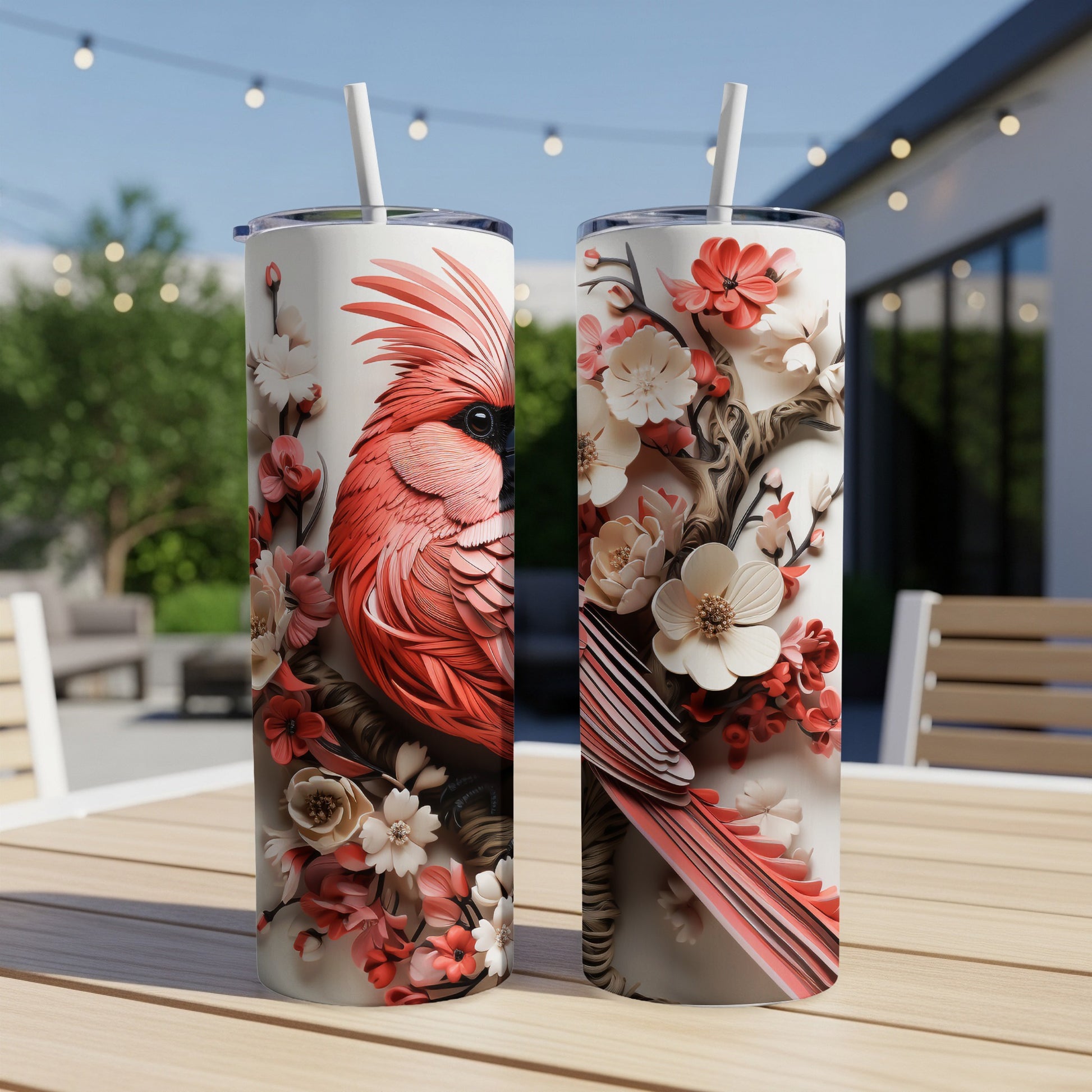 Two cardinal themed tumblers with floral accents on a wooden table.