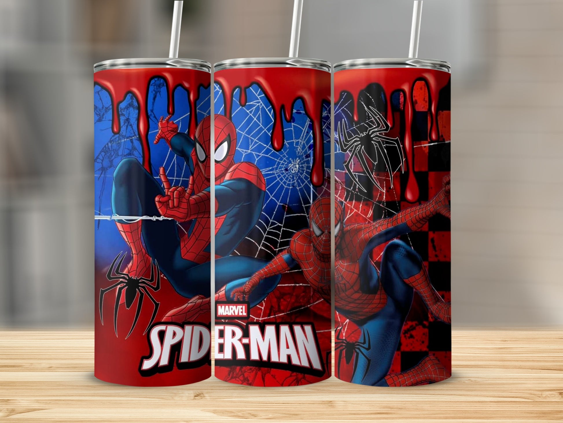Marvel Spider-Man themed tumbler with web design graphics