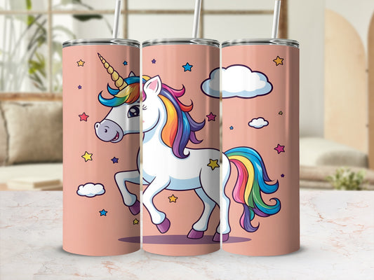 Three tumblers featuring a cartoon unicorn with rainbow mane and tail.