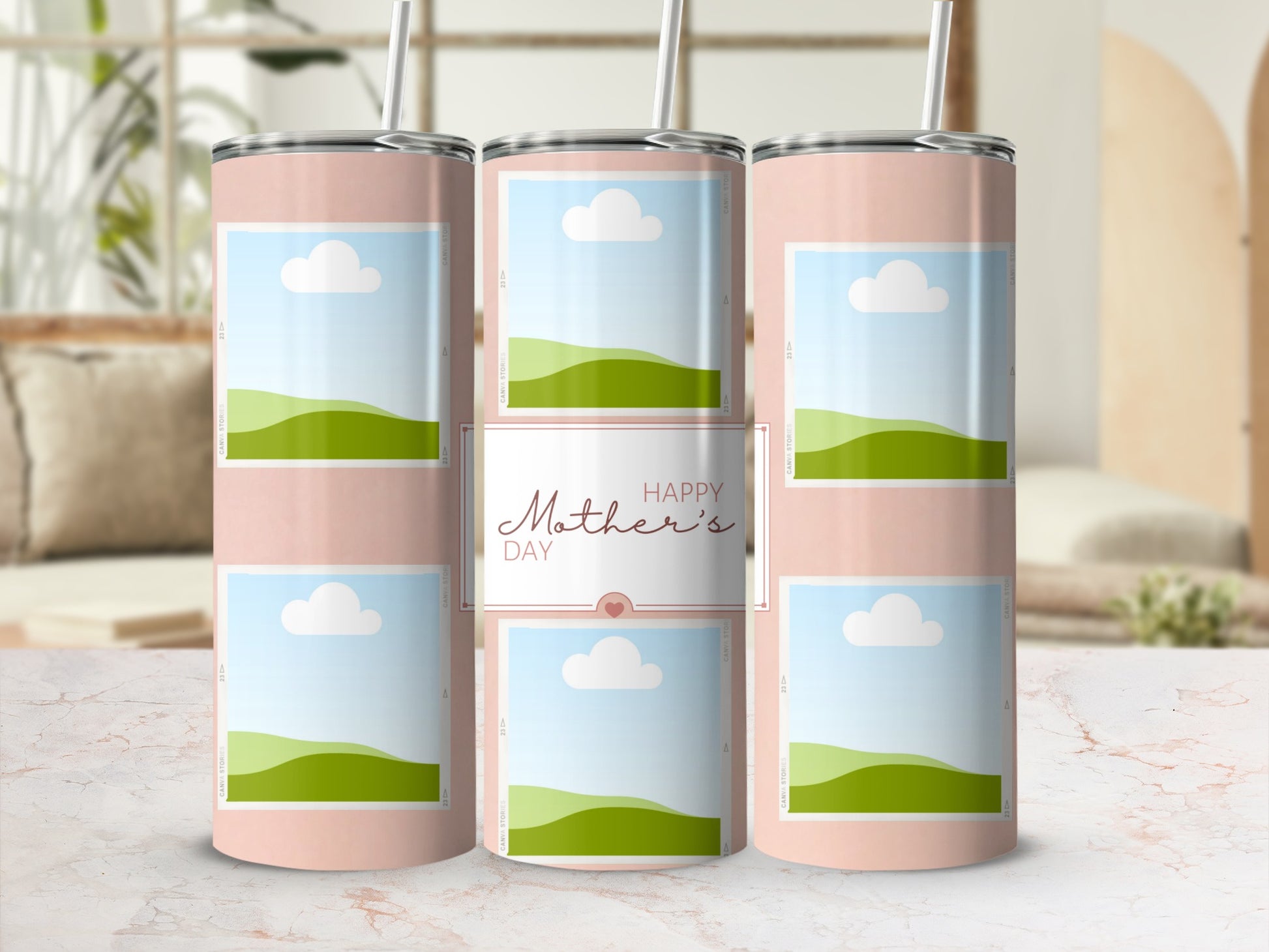 Pink tumbler with "Happy Mother's Day" and photo placeholders.