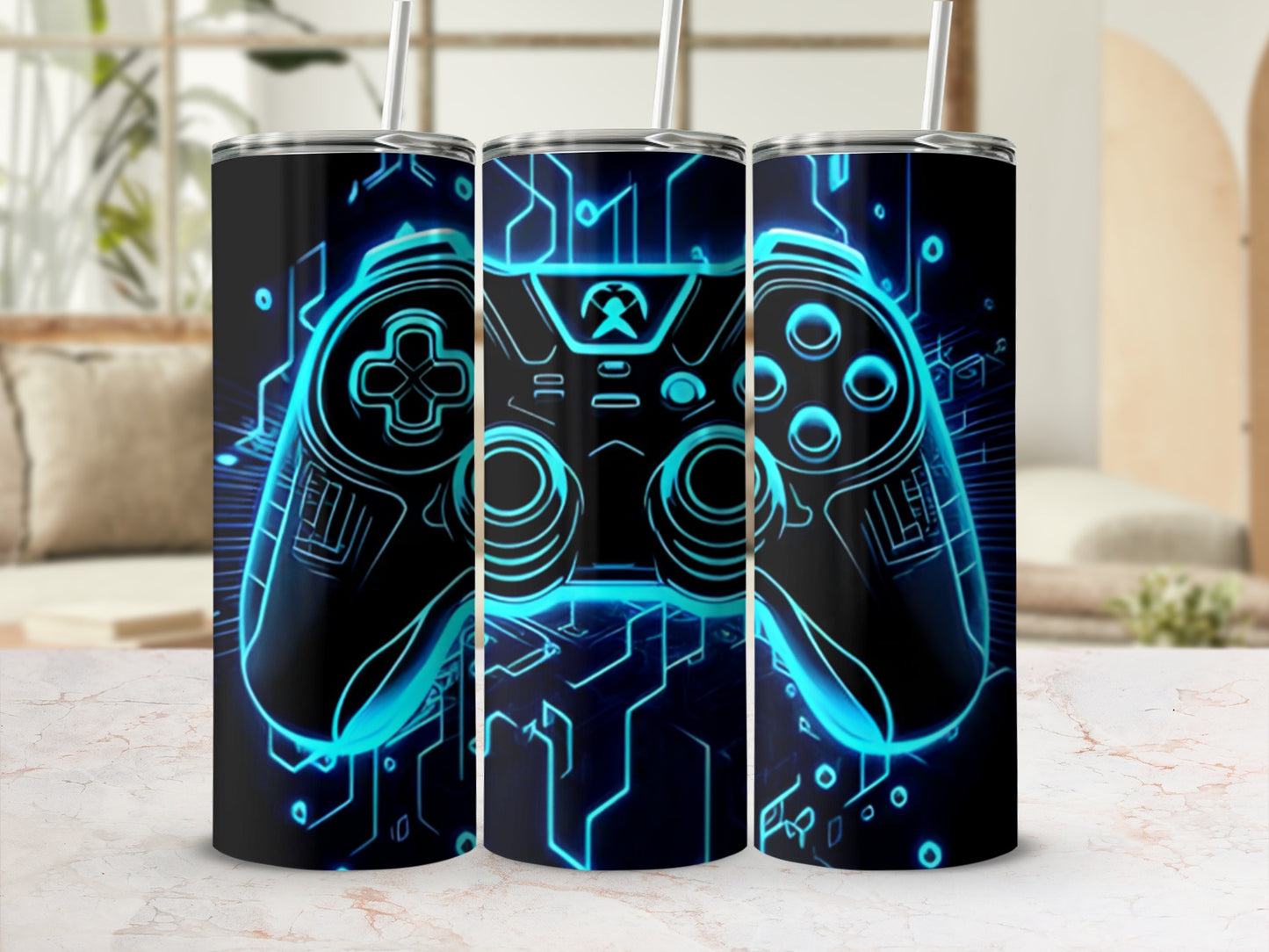 Cyberpunk video game controller design on three tumblers with circuit board background.