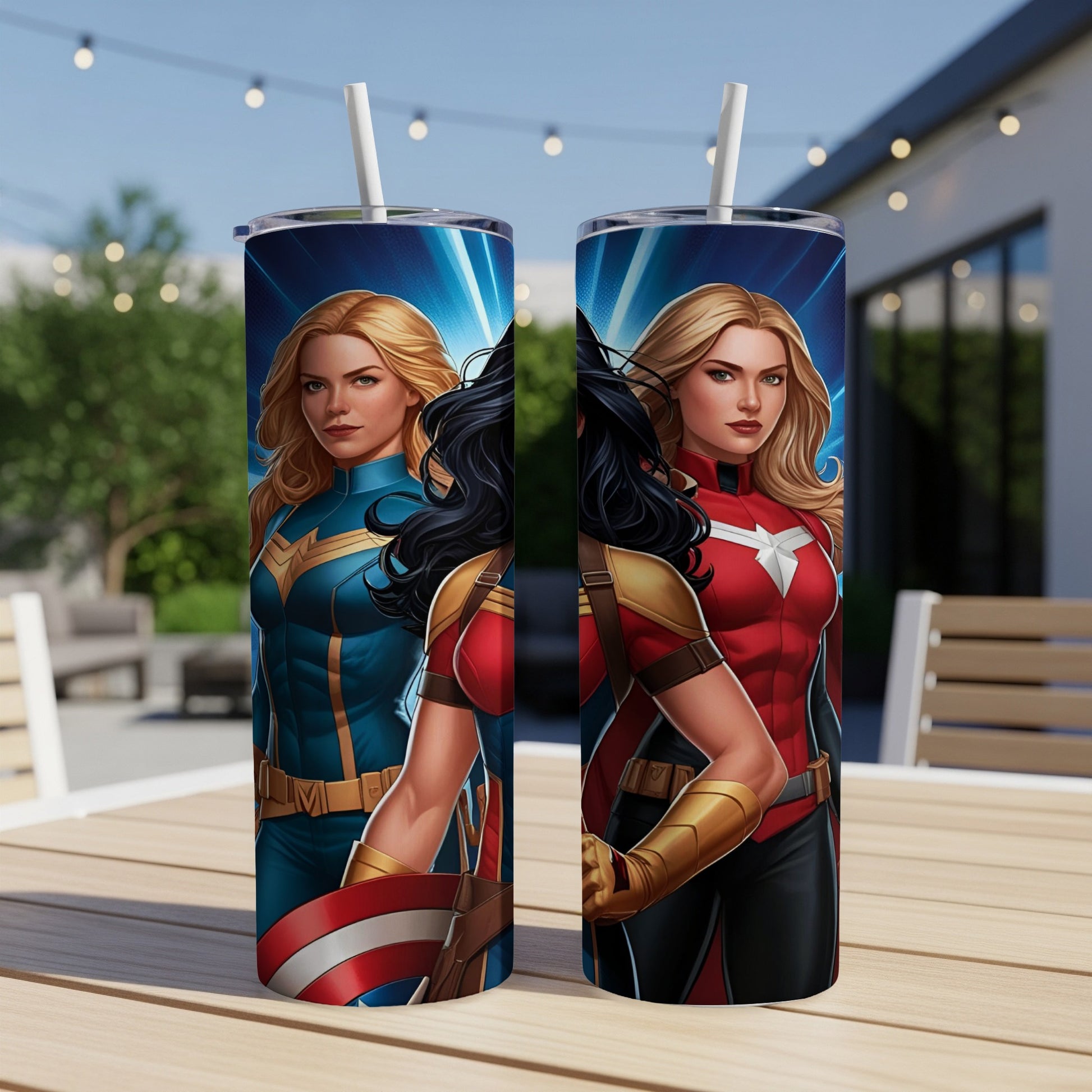 Two superheroines, Captain Marvel and Wonder Woman, featured on tumblers.