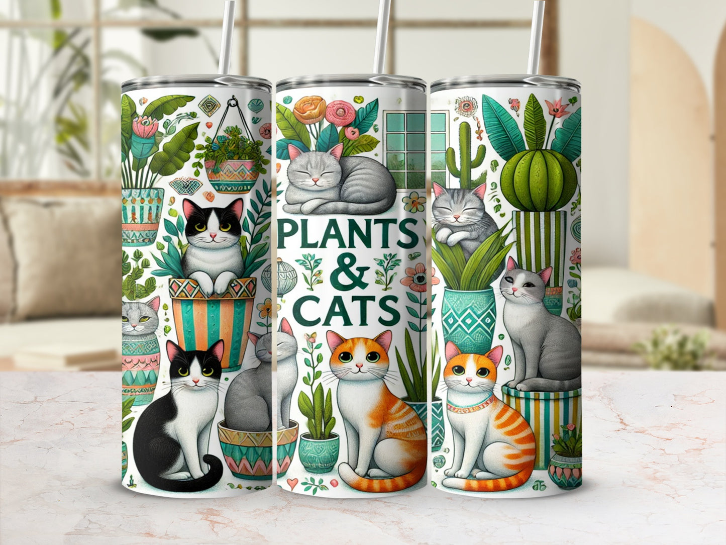 Adorable Cats and Plants Design Insulated Tumbler