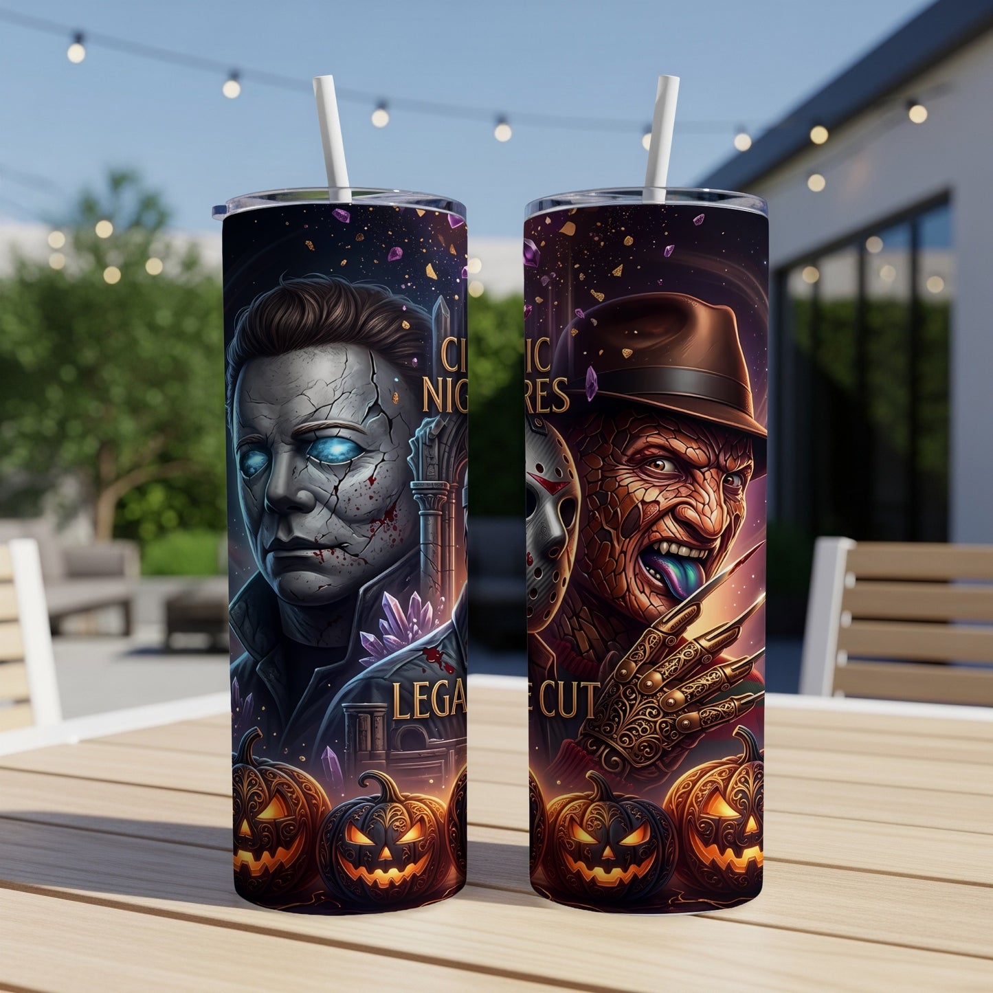 Two tumblers feature horror icons Michael Myers and Freddy Krueger with pumpkins.