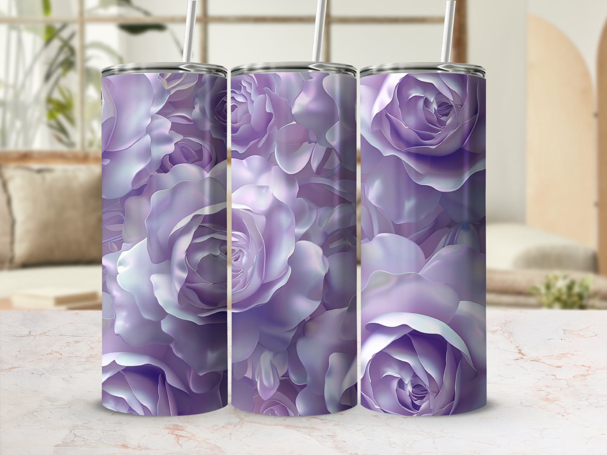 Three purple rose pattern tumblers with straws on a marble surface.