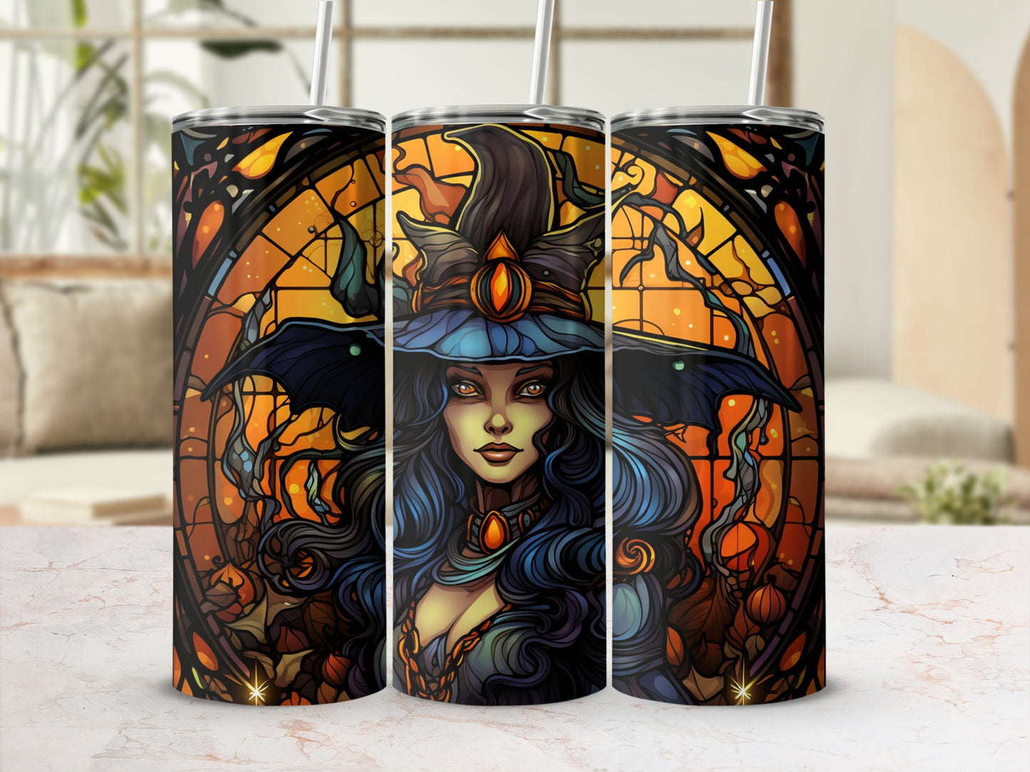 Witch with flowing hair in a stained-glass style design.