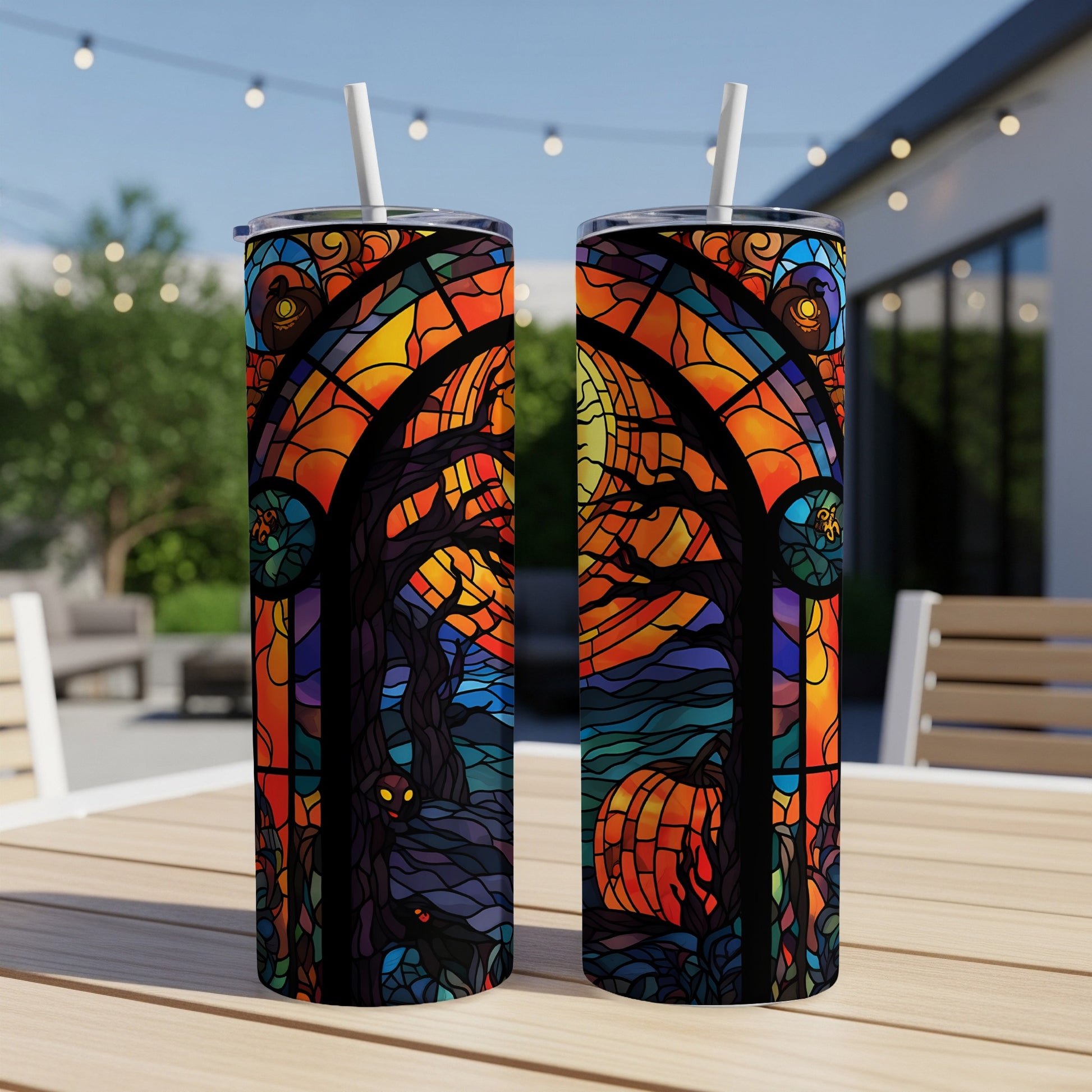 Two tall tumblers with Halloween stained glass art on an outdoor table.