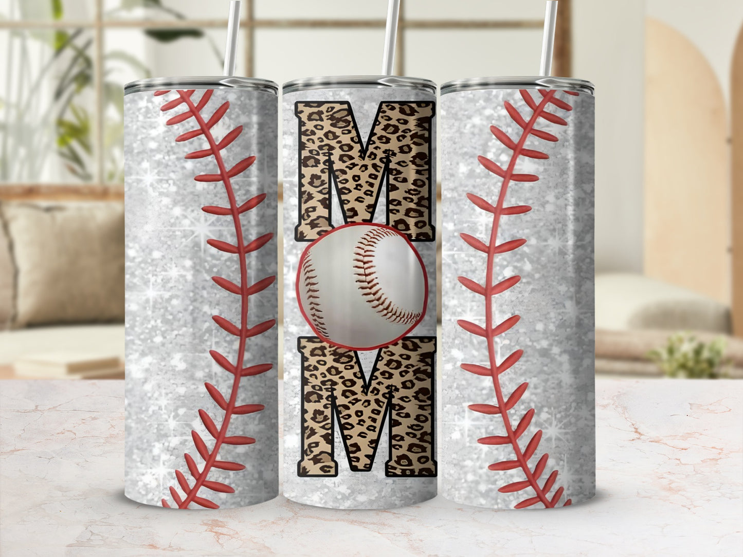 Leopard Print Baseball MOM Glitter Design Tumbler