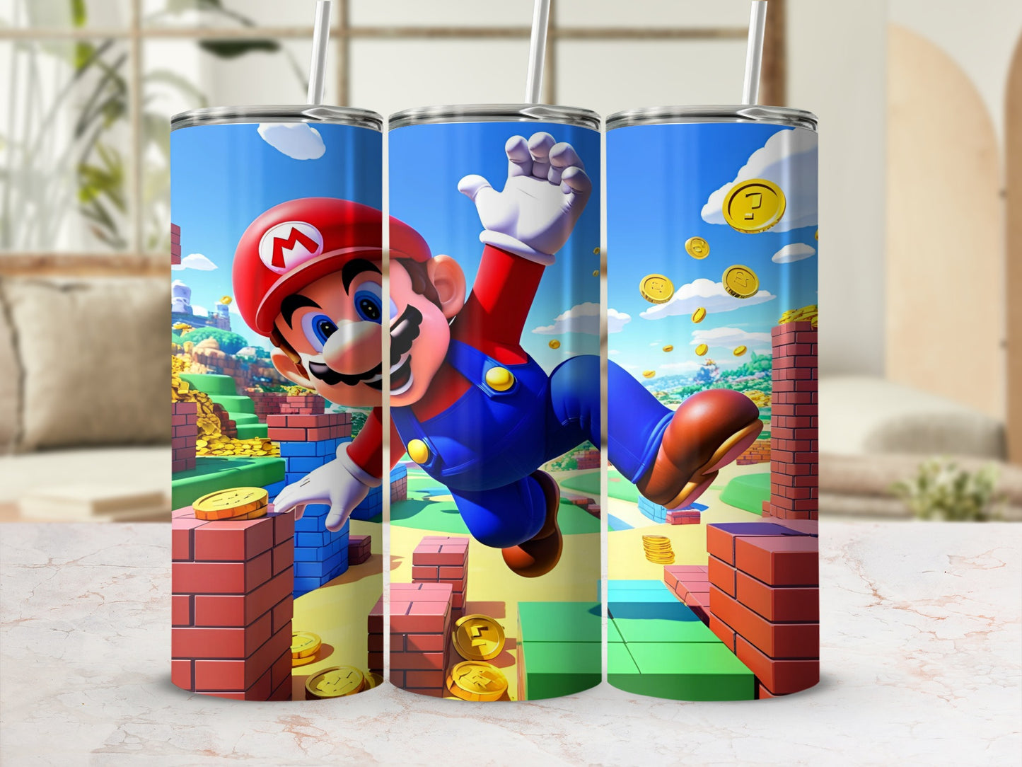 Mario jumping over gold coins on a brick path, Super Mario characters.