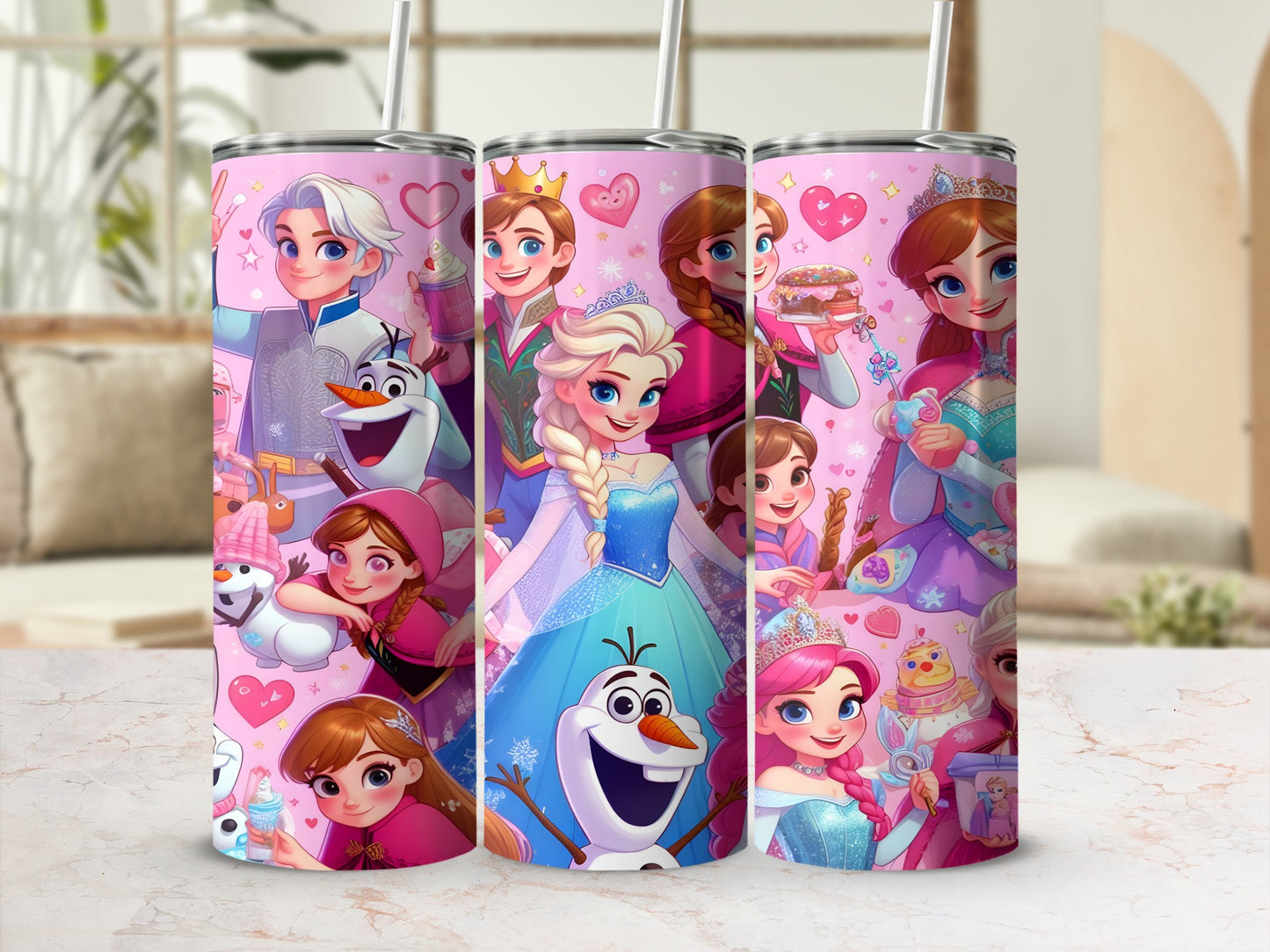 Frozen characters with crowns and snowflakes on a pink tumbler.