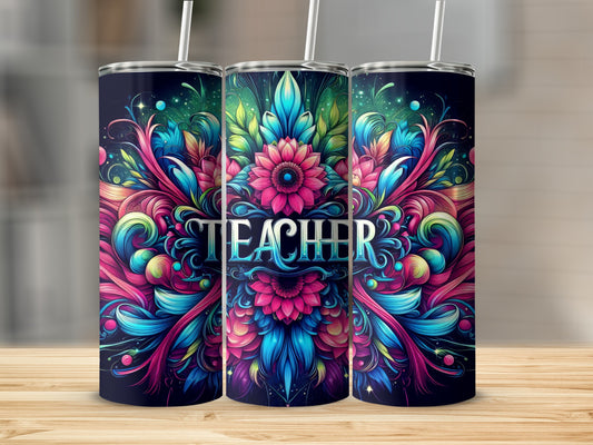 Teacher tumbler with colorful floral and fractal designs.
