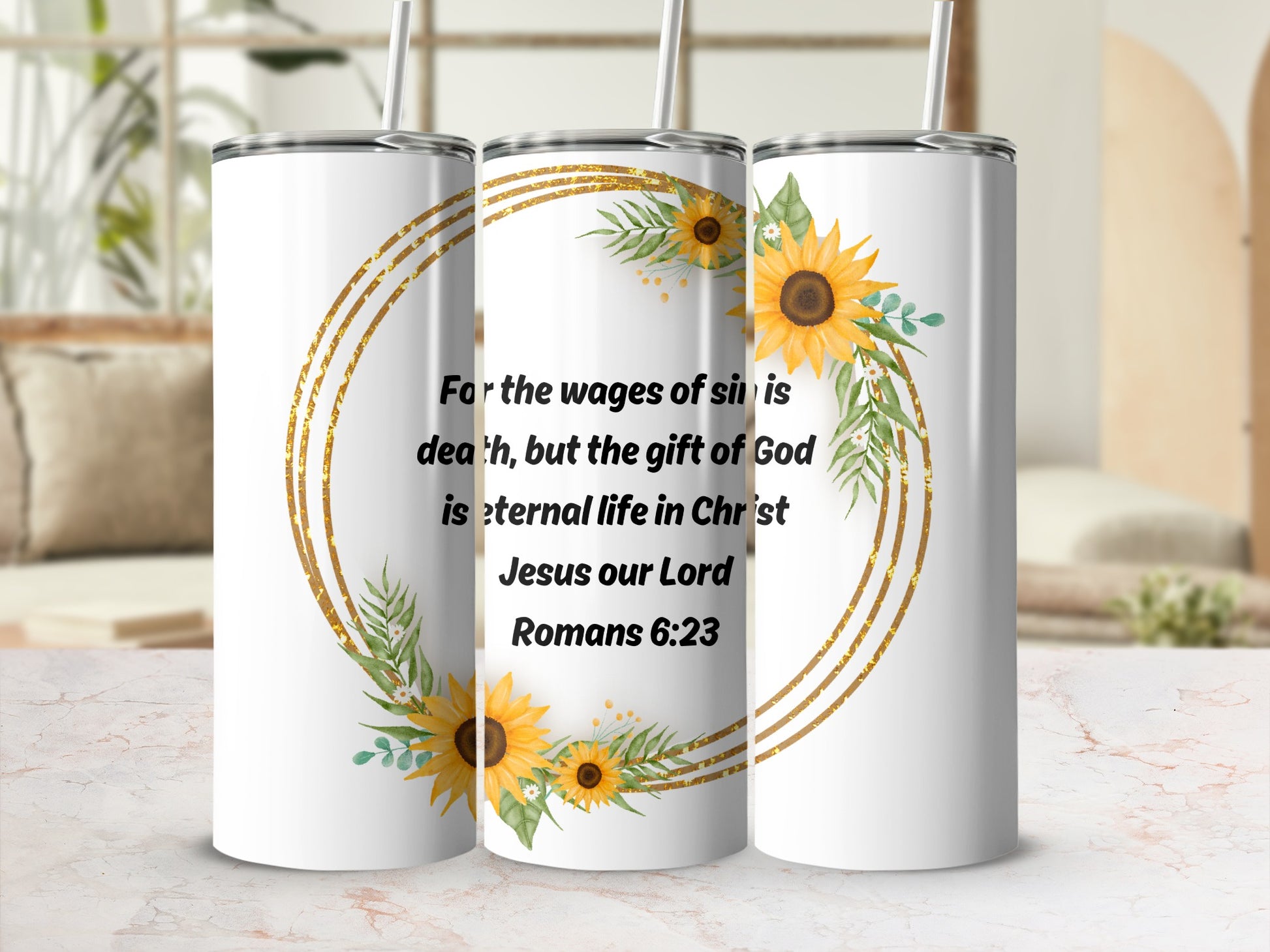 Inspirational Sunflower Design Romans 6:23 Tumbler