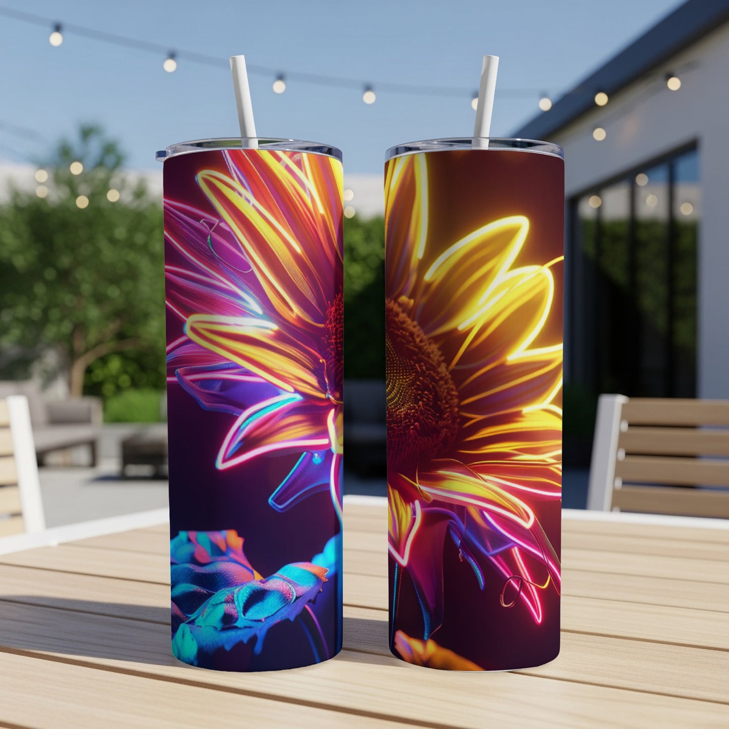 Two neon-outlined sunflowers on dark background, on tumblers.