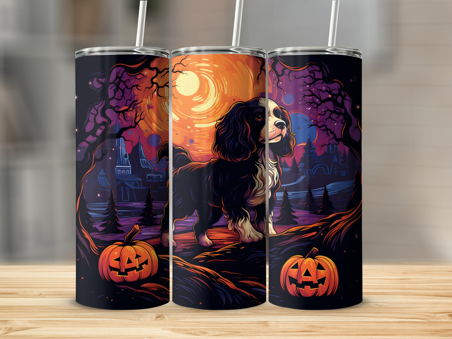 Triptych of tumblers featuring a dog and Halloween pumpkins against a spooky night sky.