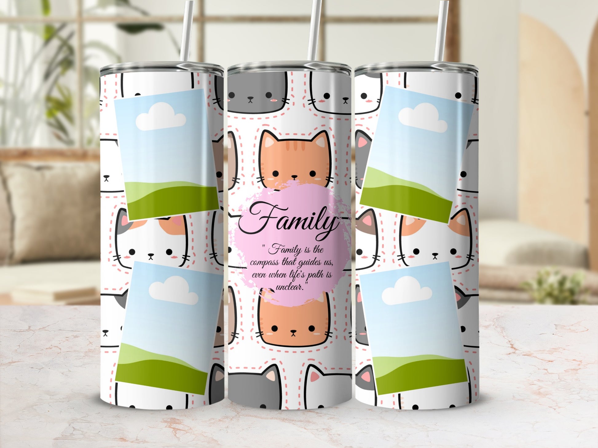 Tumblers with a cute cat pattern and the quote "Family is the compass".